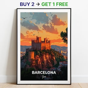 Affiche de voyage à Barcelone, impression d'art mural château de Montjuic, affiche d'Espagne, impression de ville, affiche de ville, décoration d'intérieur, oeuvre d'art paysage urbain, affiche rétro tendance
