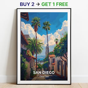 Póster de viaje de San Diego, casco antiguo, parque histórico estatal de San Diego, impresión artística de pared, póster de Estados Unidos, impresión de ciudad, póster de ciudad, decoración del hogar