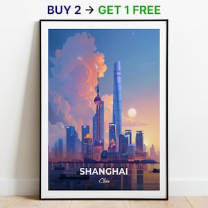Affiche de voyage de Shanghai Centre mondial des finances de Shanghai, impression d'art mural, affiche de la Chine, impression de la ville, affiche de la ville, décoration d'intérieur, oeuvre d'art paysage urbain