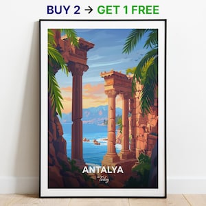 Poster di viaggio di Antalya, stampa artistica da parete della Porta di Adriano, poster della Turchia, stampa della città, poster della città, arredamento per la casa, opera d'arte con paesaggio urbano, regalo per gli amanti dell'arte