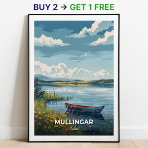 Affiche de voyage Mullingar Lough Ennell, impression d'art mural, affiche d'Irlande, impression de ville, affiche de ville, décoration d'intérieur, oeuvre d'art paysage urbain, affiche rétro tendance