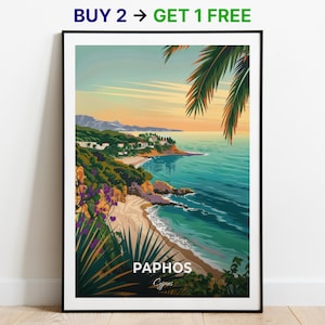 Affiche de voyage Paphos, plage de corail, impression d'art mural, impression de Chypre, impression de la ville, affiche de la ville, décoration d'intérieur, oeuvre d'art paysage urbain, affiche rétro tendance