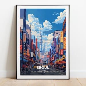 Affiche de voyage de Séoul, rue commerçante de Myeongdong, impression d'art mural, affiche de la Corée du Sud, impression de la ville, affiche de la ville, décoration d'intérieur, oeuvre d'art paysage urbain