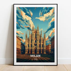 Poster turistico di Milano, stampa artistica da parete del Duomo di Milano, poster dell'Italia, stampa della città, poster della città, arredamento per la casa, opera d'arte con paesaggio urbano, poster retrò alla moda