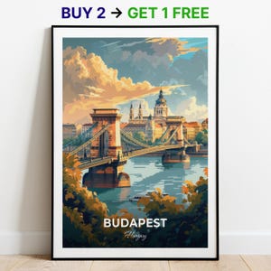 Affiche de voyage de Budapest, impression d'art mural pont des chaînes, affiche de la Hongrie, impression de la ville, affiche de la ville, décoration d'intérieur, oeuvre d'art paysage urbain, affiche rétro tendance