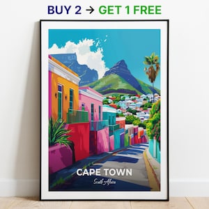 Affiche de voyage Le Cap, impression d'art mural Bo-Kaap, affiche d'Afrique du Sud, impression de ville, affiche de ville, décoration d'intérieur, oeuvre d'art de paysage urbain, affiche rétro tendance
