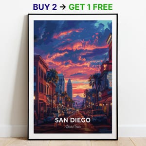 Affiche de voyage San Diego Gaslamp Quarter, impression d'art mural États-Unis, impression de la ville, affiche de la ville, décoration d'intérieur, oeuvre d'art paysage urbain, tenture murale