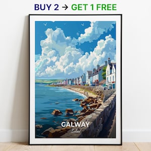 Affiche de voyage de Galway, promenade de Salthill, impression d'art mural, impression d'Irlande, impression de ville, affiche de ville, décoration d'intérieur, oeuvre d'art paysage urbain, cadeau pour les amateurs d'art