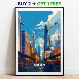 Poster turistico di Milano, stampa artistica da parete del quartiere degli affari di Porta Nuova, poster dell'Italia, stampa della città, poster della città, arredamento per la casa, opera d'arte con paesaggio urbano