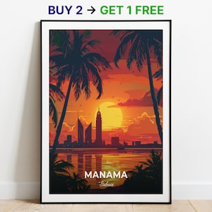 Poster di viaggio di Manama, stampa artistica da parete della baia del Bahrain, poster del Bahrain, stampa della città, poster della città, arredamento per la casa, opera d'arte del paesaggio urbano, poster retrò alla moda