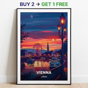 Affiche de voyage de Vienne, impression d'art mural Prater, affiche d'Autriche, impression de ville, affiche de ville, décoration d'intérieur, oeuvre d'art de paysage urbain, affiche rétro tendance