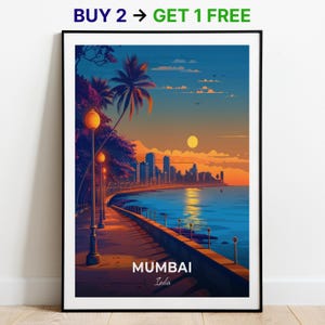 Affiche de voyage de Mumbai, impression d'art mural Marine Drive, affiche de l'Inde, impression de ville, affiche de ville, décoration d'intérieur, oeuvre d'art de paysage urbain, affiche rétro tendance
