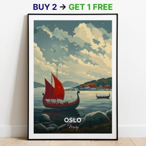 Affiche de voyage d'Oslo, impression d'art mural musée du navire viking, impression d'art mural Norvège, impression de la ville, affiche de la ville, décoration d'intérieur, oeuvre d'art paysage urbain, affiche rétro tendance
