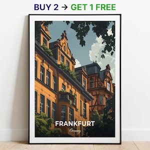Affiche de voyage Francfort, impression d'art mural maison Goethe, affiche de l'Allemagne, impression de la ville, affiche de la ville, décoration d'intérieur, oeuvre d'art paysage urbain, affiche rétro tendance