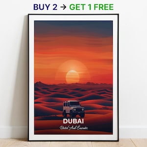Affiche de voyage de Dubaï, impression d'art mural safari dans le désert, affiche des Émirats arabes unis, impression de la ville, affiche de la ville, décoration d'intérieur, oeuvre d'art paysage urbain