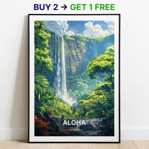 Affiche de voyage Aloha, impression d'art mural chutes de Manoa, affiche d'Hawaï, impression de ville, affiche de ville, décoration d'intérieur, oeuvre d'art paysage urbain, affiche rétro tendance