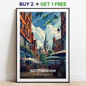 Póster de viaje de Nottingham, impresión artística de pared de Old Market Square, póster del Reino Unido, impresión de ciudad, póster de ciudad, decoración del hogar, obra de arte de paisaje urbano