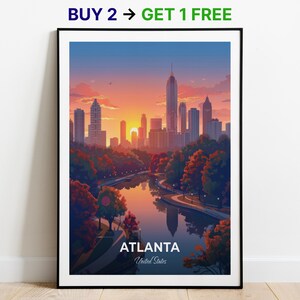 Poster di viaggio di Atlanta, stampa artistica da parete del Centennial Olympic Park, poster degli Stati Uniti, stampa della città, poster della città, arredamento per la casa, opera d'arte con paesaggio urbano