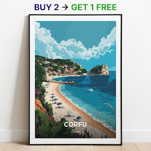 Póster de viaje de Corfú, impresión artística de pared de Sidari, póster de Grecia, impresión de ciudad, póster de ciudad, decoración del hogar, obra de arte de paisaje urbano, póster retro de moda para colgar en la pared