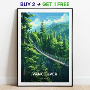 Affiche de voyage de Vancouver, pont suspendu de Capilano, impression d'art mural, impression du Canada, impression de la ville, affiche de la ville, décoration d'intérieur, oeuvre d'art paysage urbain