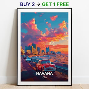 Affiche de voyage de La Havane, impression d'art mural Malecón, affiche de Cuba, impression de ville, affiche de ville, décoration d'intérieur, oeuvre d'art de paysage urbain, affiche rétro tendance