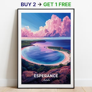Affiche de voyage Esperance, impression d'art mural Lake Hillier, impression d'art mural, affiche de l'Australie, impression de la ville, affiche de la ville, décoration d'intérieur, oeuvre d'art paysage urbain, affiche rétro tendance