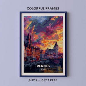 May include: A framed art print featuring a colorful illustration of Rennes, France, with a vibrant sunset sky. The print includes the text "RENNES France" and the words "COLORFUL FRAMES" at the top. The frame is dark blue.