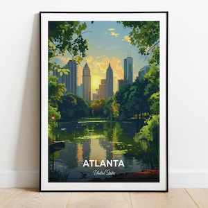 Affiche de voyage d'Atlanta, impression d'art mural Piemont Park, affiche des États-Unis, impression de la ville, affiche de la ville, décoration d'intérieur, oeuvre d'art paysage urbain, cadeau pour les amateurs d'art