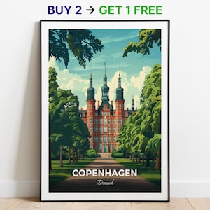 Affiche de voyage de Copenhague, impression d'art mural château de Rosenborg, affiche du Danemark, impression de la ville, affiche de la ville, décoration d'intérieur, oeuvre d'art paysage urbain, cadeau pour les amateurs d'art