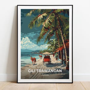 Gili Trawangan Reise Poster, Pferdekutschenfahrt, Stadt Druck, Stadtbild, Geburtstag, Hochzeitsgeschenk, Wandkunst, Hochzeitsgeschenk, Wohnkultur