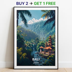 Affiche de voyage à Bali, temple de Tirta Empul, impression d'art mural, impression d'Indonésie, impression de ville, affiche de ville, décoration d'intérieur, oeuvre d'art paysage urbain, cadeau pour les amateurs d'art