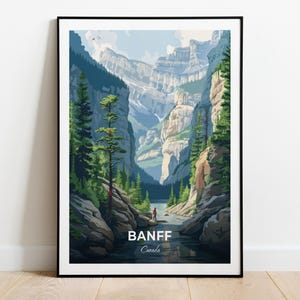 Affiche de voyage Banff, impression d'art mural canyon Johnston, affiche du Canada, impression de la ville, affiche de la ville, décoration d'intérieur, oeuvre d'art paysage urbain, affiche rétro tendance
