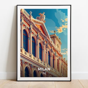 Affiche de voyage de Milan, opéra de la Scala, impression d'art mural, impression d'art en Italie, impression de ville, affiche de ville, décoration d'intérieur, oeuvre d'art paysage urbain, affiche rétro tendance