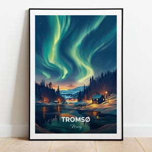 Tromsø Reise Poster Nordlichter Wand Kunst Druck Norwegen Poster City Print City Poster Wohnkultur Stadtbild Kunstwerk Trendy Retro Poster