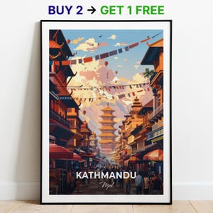 Póster de viaje de Katmandú, impresión artística de pared del área de Thamel, póster de Nepal, impresión de ciudad, póster de ciudad, decoración del hogar, obra de arte de paisaje urbano, póster retro de moda