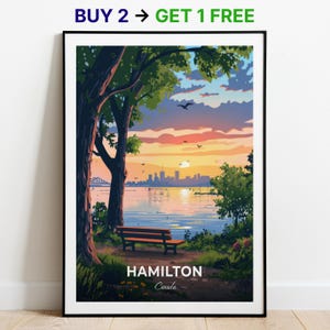Affiche de voyage Hamilton, impression d'art mural Bayfront Park, affiche du Canada, impression de la ville, affiche de la ville, décoration d'intérieur, oeuvre d'art paysage urbain, affiche rétro tendance