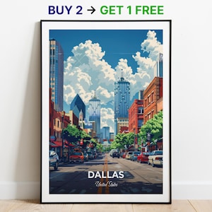 Poster di viaggio di Dallas, Bishop Arts District, stampa artistica da parete, poster degli Stati Uniti, stampa della città, poster della città, arredamento per la casa, opera d'arte con paesaggio urbano