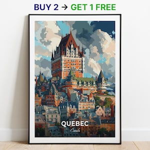 Póster de viaje de Quebec, impresión artística de pared del Château Frontenac, póster de Canadá, impresión de ciudad, póster de ciudad, decoración del hogar, obra de arte de paisaje urbano, póster retro de moda