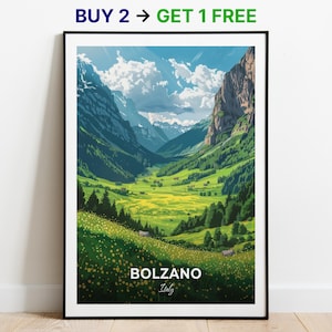 Bozen Reise Poster Talvera Wiesen Wand Kunst Italien Poster Stadt Print City Poster Wohnkultur Stadtbild Kunstwerk Trendy Retro Poster