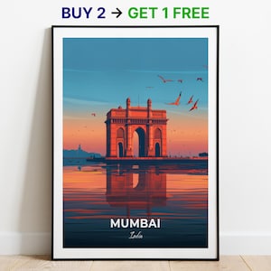 Affiche de voyage de Mumbai, porte de l'Inde, impression d'art mural, affiche de l'Inde, impression de ville, affiche de ville, décoration d'intérieur, oeuvre d'art de paysage urbain, affiche rétro tendance