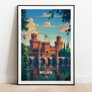 Affiche de voyage de Milan, impression d'art mural château des Sforza, affiche d'Italie, impression de ville, affiche de ville, décoration d'intérieur, oeuvre d'art paysage urbain, affiche rétro tendance