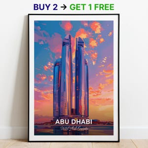 Affiche de voyage d'Abou Dhabi, impression d'art mural tours Etihad, affiche des Émirats arabes unis, impression de la ville, affiche de la ville, décoration d'intérieur, oeuvre d'art paysage urbain
