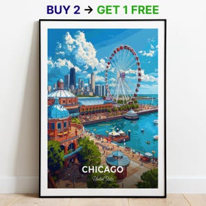 Chicago reisposter marine pier muurkunst poster poster Verenigde Staten stad print stad poster woondecoratie stadsgezicht kunstwerk trendy retro poster