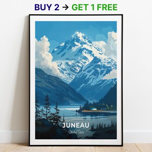 Affiche de voyage Juneau, impression d'art mural Mount Roberts, affiche des États-Unis, impression de la ville, affiche de la ville, décoration d'intérieur, oeuvre d'art paysage urbain, cadeau pour les amateurs d'art