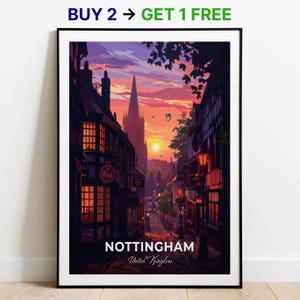 Affiche de voyage Nottingham Ye Olde Trip To Jerusalem, impression d'art mural, affiche du Royaume-Uni, impression de la ville, affiche de la ville, décoration d'intérieur, oeuvre d'art paysage urbain