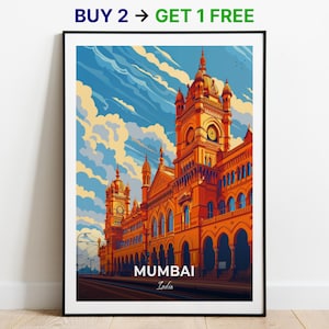 Affiche de voyage de Mumbai Terminus Chhatrapati Shivaji, impression d'art mural, affiche de l'Inde, impression de ville, affiche de ville, décoration d'intérieur, oeuvre d'art paysage urbain