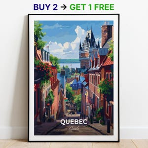 Póster de viaje de Quebec, impresión artística mural del Viejo Quebec, póster de Canadá, impresión de la ciudad, póster de la ciudad, decoración del hogar, obra de arte del paisaje urbano, póster retro de moda