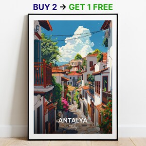 Póster de viaje de Antalya, impresión artística de pared del distrito de Kaleici, póster de Turquía, impresión de ciudad, póster de ciudad, decoración del hogar, obra de arte de paisaje urbano, póster retro de moda