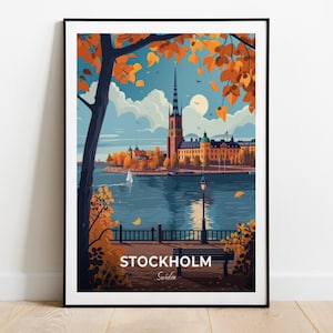 Poster di viaggio di Stoccolma, stampa artistica da parete del Municipio di Stoccolma, poster della Svezia, stampa della città, poster della città, arredamento per la casa, opera d'arte con paesaggio urbano, regalo per gli amanti dell'arte