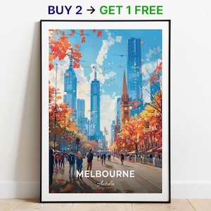 Póster de viaje de Melbourne, impresión artística de pared de Federation Square, póster de Australia, impresión de ciudad, póster de ciudad, decoración del hogar, obra de arte de paisaje urbano para colgar en la pared